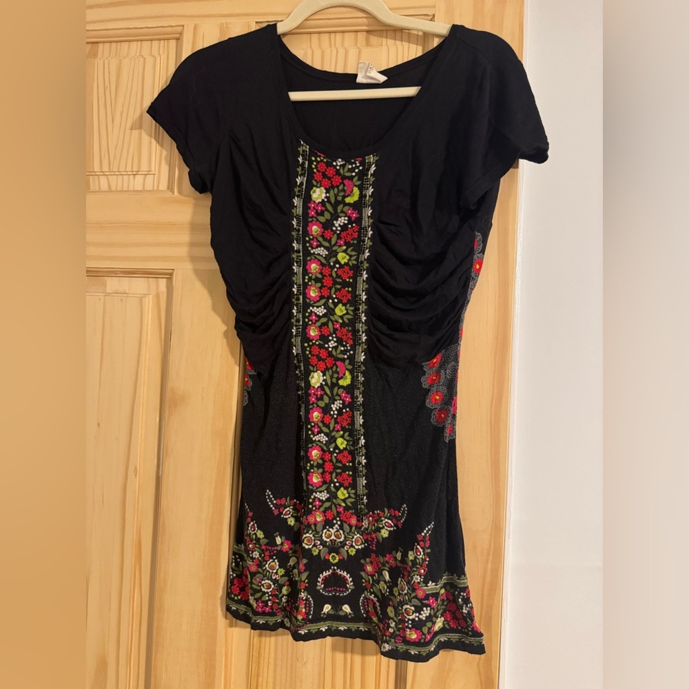 Free People Black Ruched Tee with Red and Green Floral Design